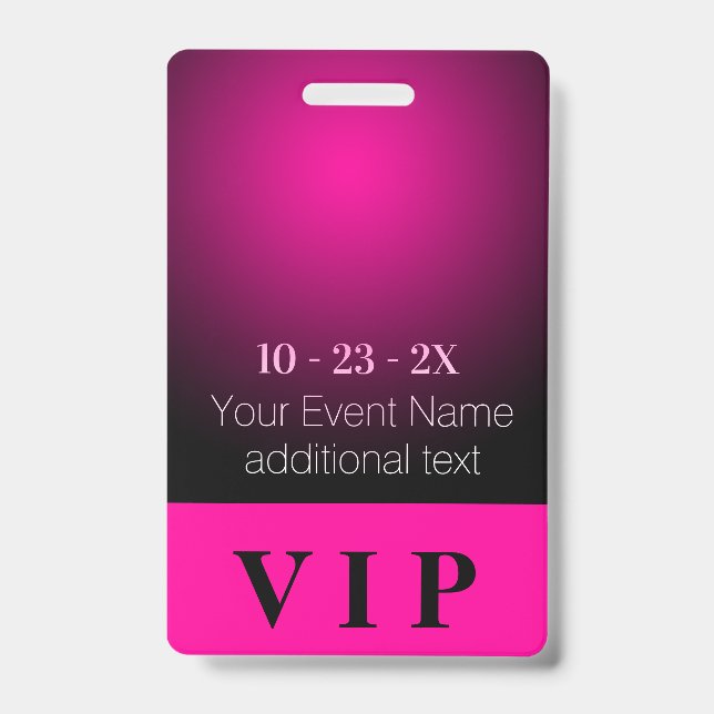 Neon Pink and Black Gradient VIP Event ID Badge (Front)