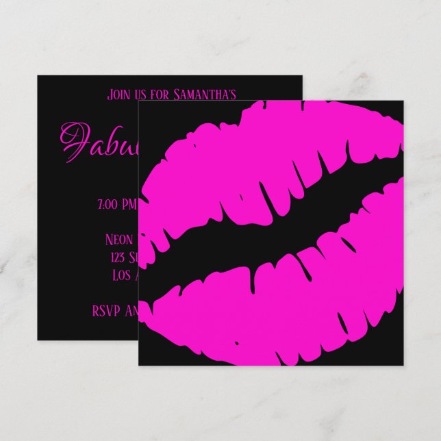 Neon Pink and Black Kiss Print Fabulous and Forty Invitation (Front/Back)