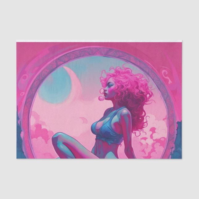 Neon Pink and Blue Sultry Curly Hair Woman  Tissue Paper (Front)