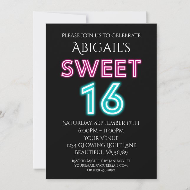 Neon Pink and Blue Sweet Sixteen Glow Birthday Invitation (Front)