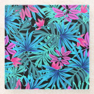 Neon Pink and Blue Tropical Plant Pattern Glass Coaster