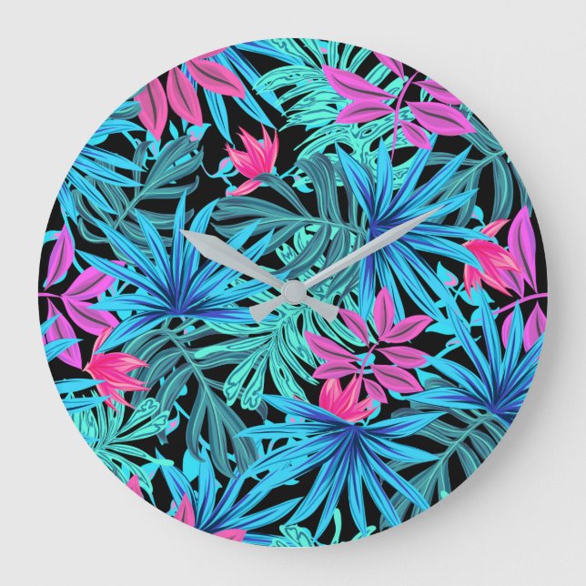 Neon Pink and Blue Tropical Plant Pattern Large Clock (Front)