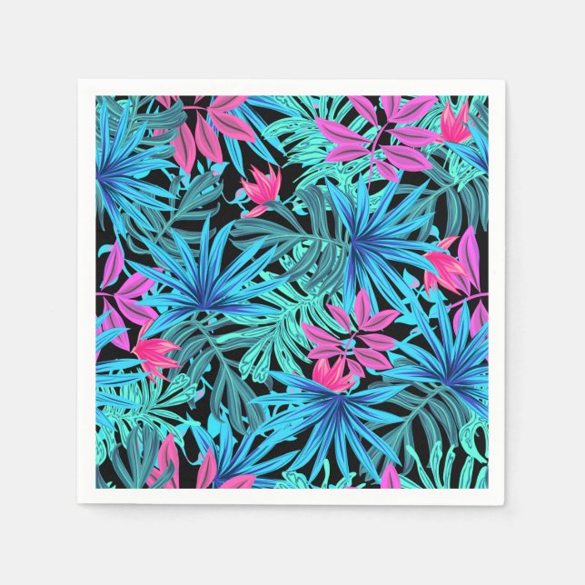 Neon Pink and Blue Tropical Plant Pattern Napkin (Front)