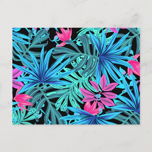 Neon Pink and Blue Tropical Plant Pattern Postcard (Front)