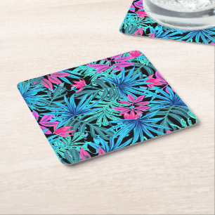 Neon Pink and Blue Tropical Plant Pattern Square Paper Coaster
