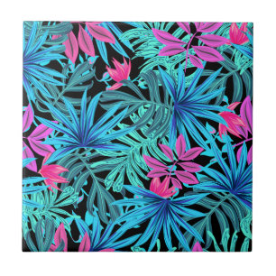 Neon Pink and Blue Tropical Plant Pattern Tile