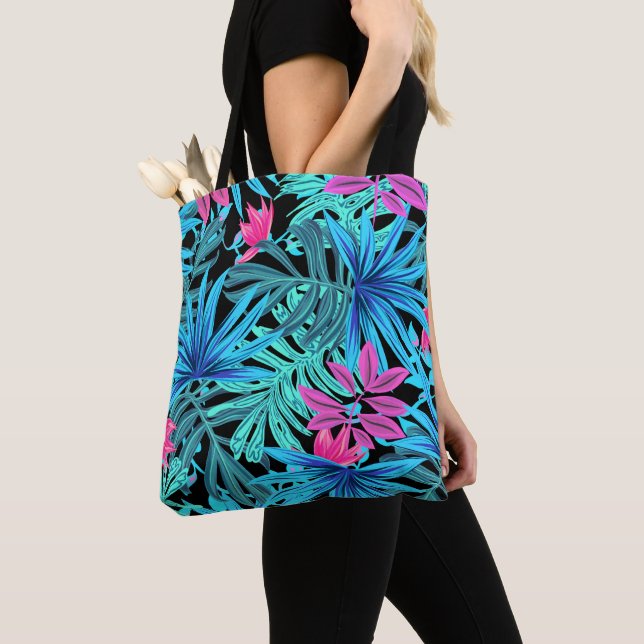 Neon Pink and Blue Tropical Plant Pattern Tote Bag (Close Up)