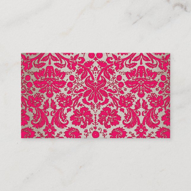 Neon Pink and Gold Damask Business Card (Front)
