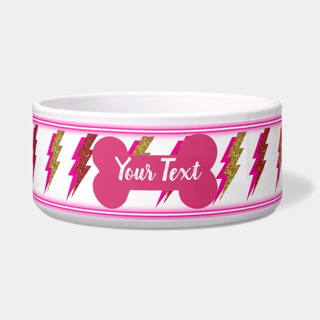 Neon Pink and Gold Lightning Bold Glitter Pet Bowl (Front)