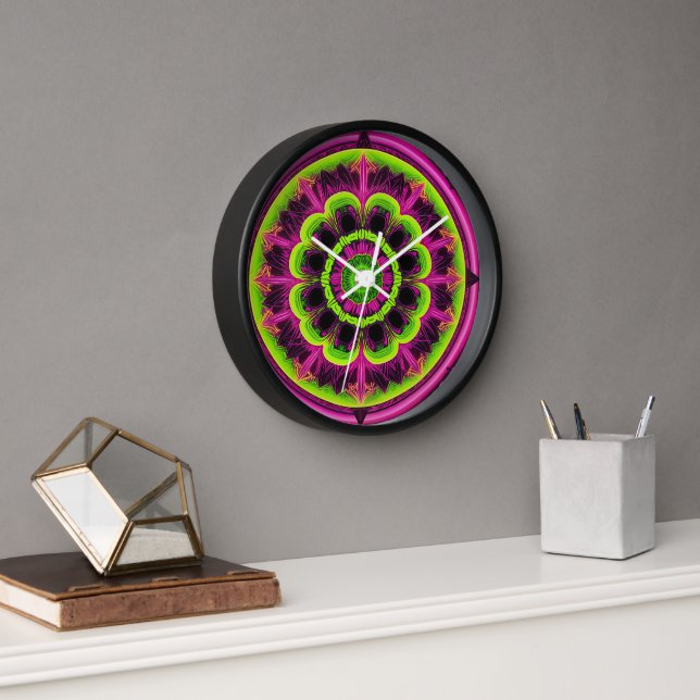 Neon Pink And Green Kaleidoscope Design Clock (Office)