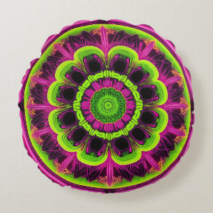 Neon Pink And Green Kaleidoscope Design Round Cushion