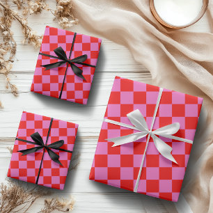 Neon Pink and Red Chequered Chequerboard Vintage Wrapping Paper Sheet