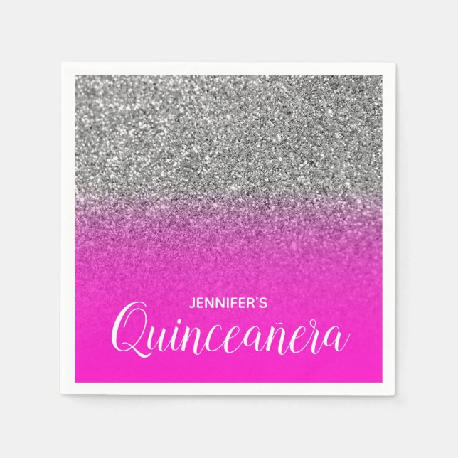 Neon Pink and Silver Glitter Ombre Quinceanera Napkin (Front)