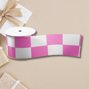 Neon Pink and White Chequered Chequerboard Vintage Satin Ribbon