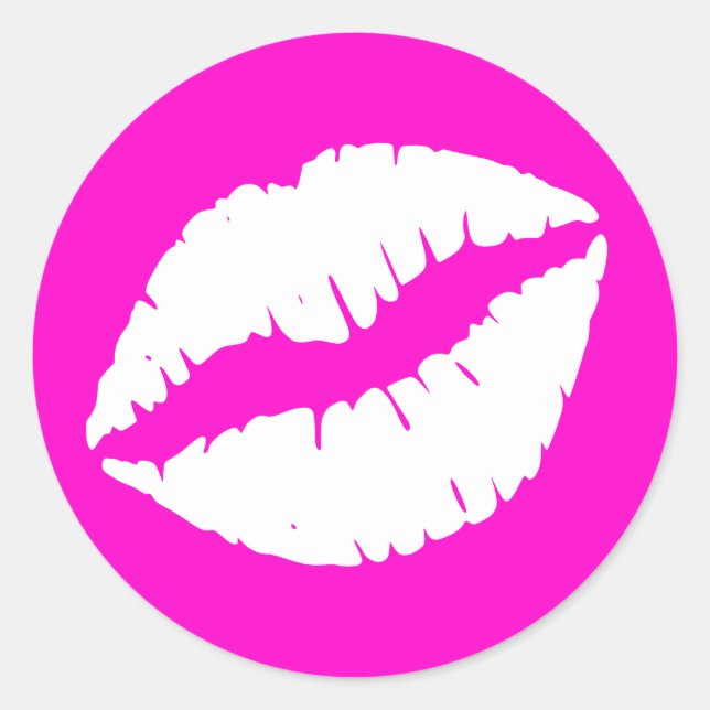 Neon Pink and White Lipstick Print Classic Round Sticker (Front)