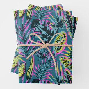 Neon Pink and Yellow Abstract Tropical Leaves  Wrapping Paper Sheet