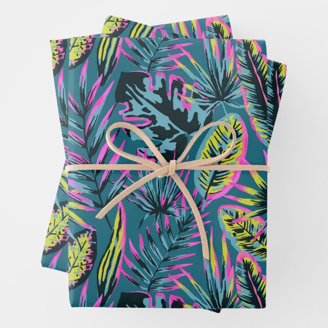 Neon Pink and Yellow Abstract Tropical Leaves  Wrapping Paper Sheet (In situ)