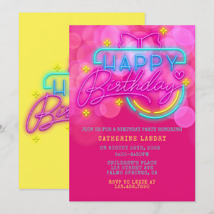 Neon Pink and Yellow Happy Birthday Party Invitation