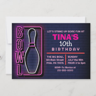 NEON PINK BIRTHDAY PARTY BOWLING ADULT CELEBRATION INVITATION