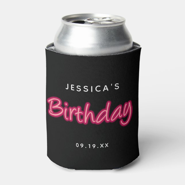 Neon Pink & Black Birthday Party Girl Can Cooler (Can Front)