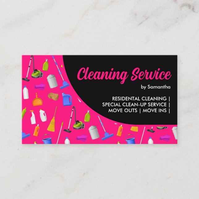 Neon Pink Black Modern House Cleaning Service Business Card (Front)