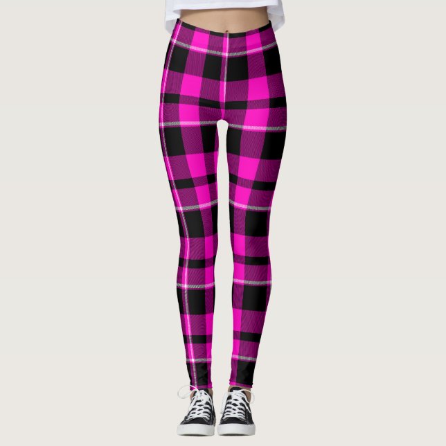 Neon Pink & Black Tartan Scottish Plaid Leggings (Front)