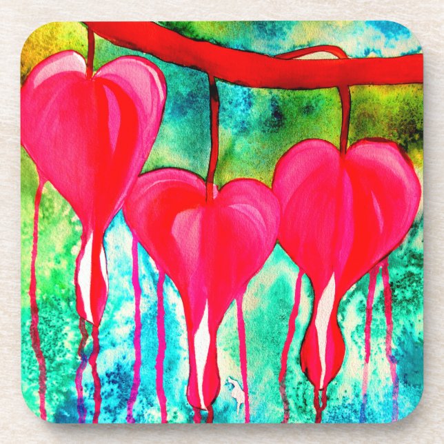 Neon pink Bleeding Hearts art flowers Coaster (Front)
