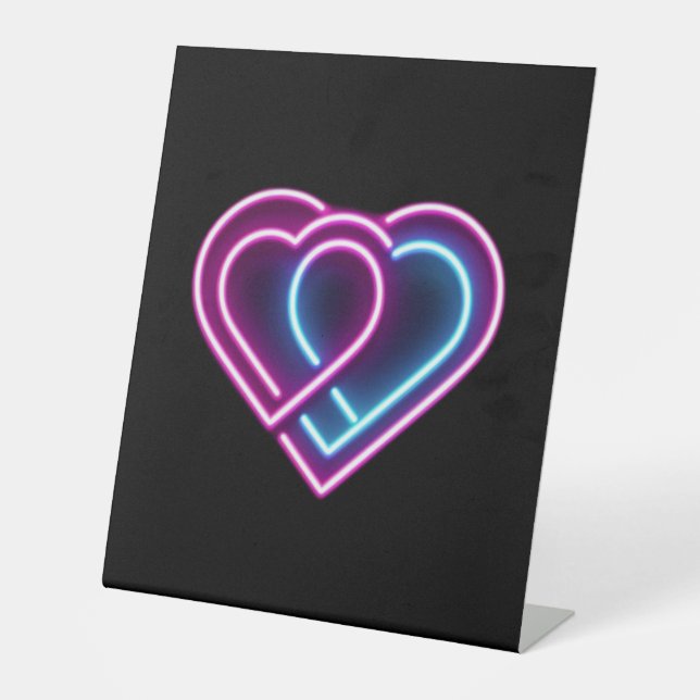 Neon pink/blue heart Valentine's day mug Pedestal Sign (Front)