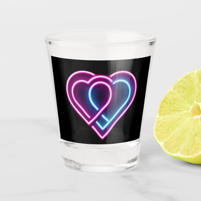 Neon pink/blue heart Valentine's day mug Shot Glass (Front)