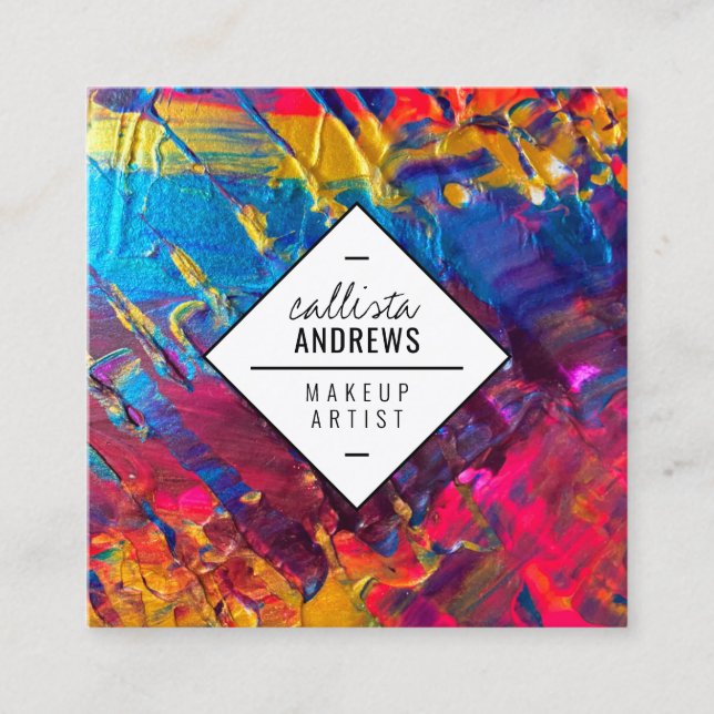 Neon Pink Blue Purple Gold Metallic Paint Makeup Square Business Card (Front)