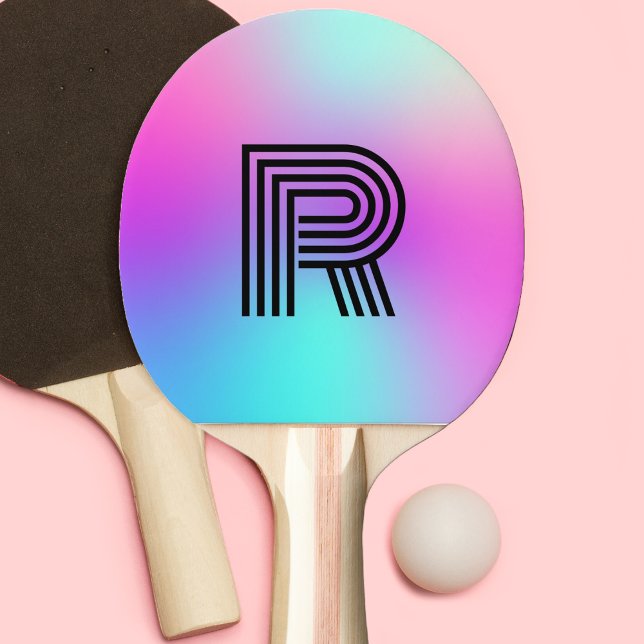 Neon Pink Blue & Purple Ombre Monogram Ping Pong Paddle (retro neon pink blue purple monogram ping pong paddle)