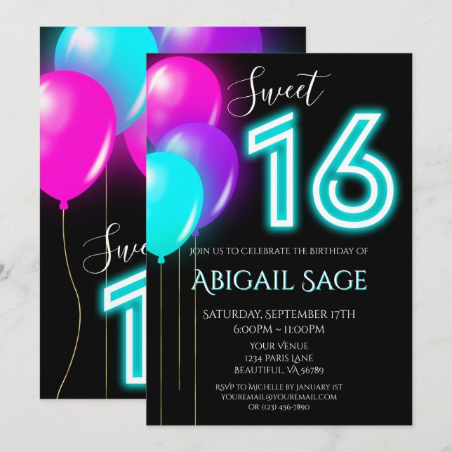 Neon Pink, Blue, Purple Sweet Sixteen Balloons Invitation (Front/Back)