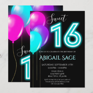 Neon Pink, Blue, Purple Sweet Sixteen Balloons Invitation