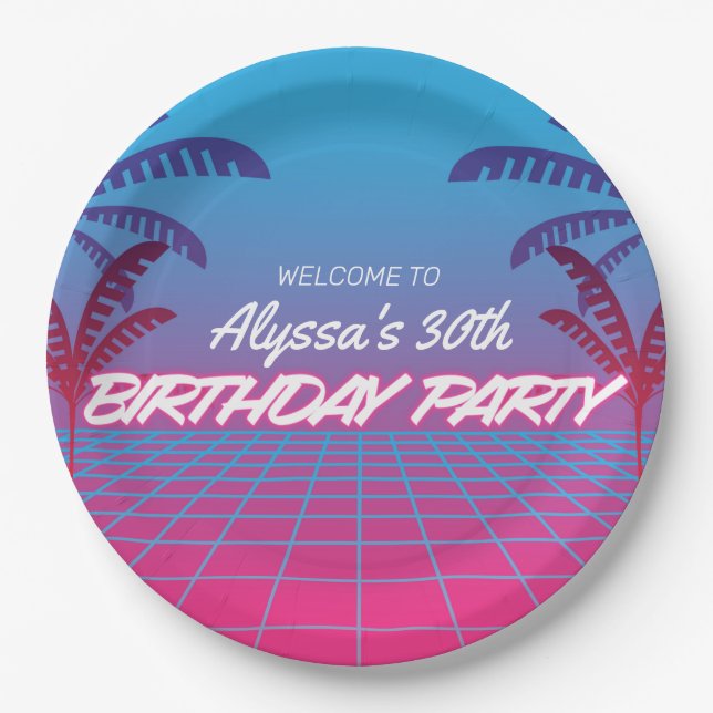 Neon Pink Blue Retro 80s Themed Birthday Party Nap Paper Plate (Front)