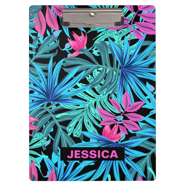 Neon Pink Blue Tropical Plant Pattern Personalised Clipboard (Front)
