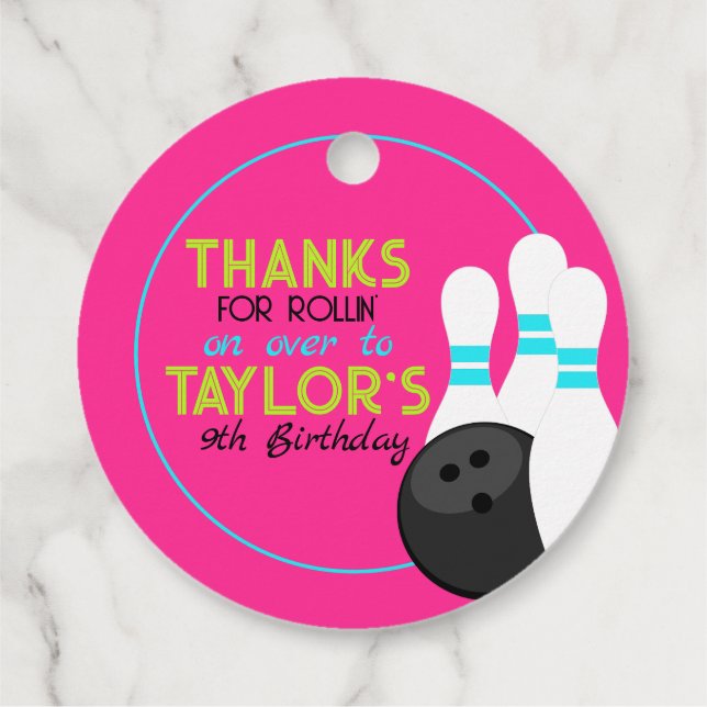 Neon Pink Bowling Birthday Favour Tags (Back)