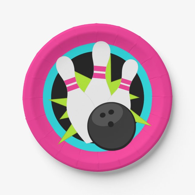 Neon Pink Bowling Pin Paper Plates (Front)