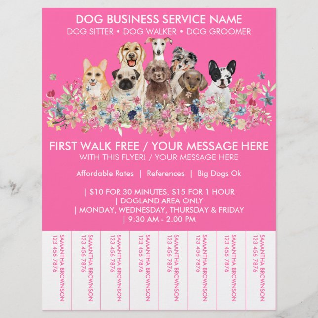 Neon Pink Breeds Dog Walker Budget Ticket Flyer (Front)