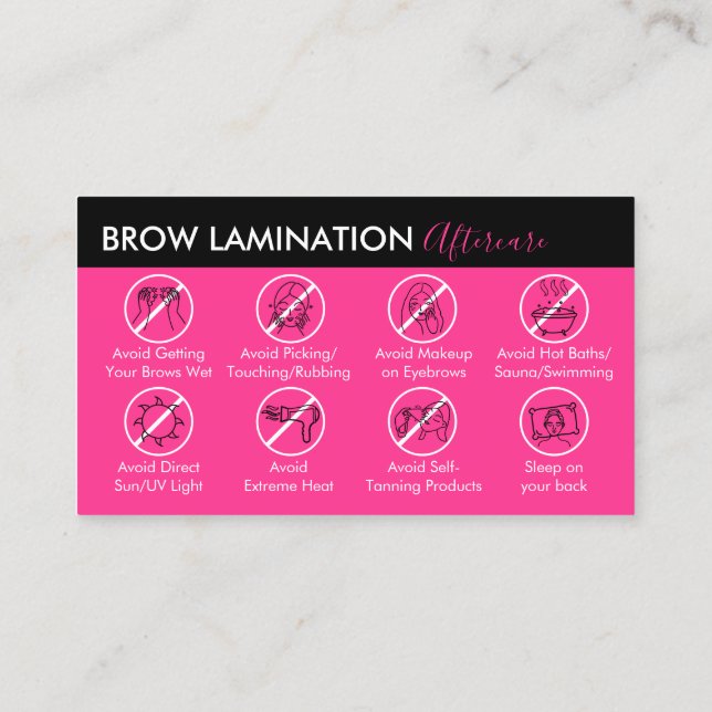 Neon Pink Brow Lamination Aftercare Guide Business Card (Back)