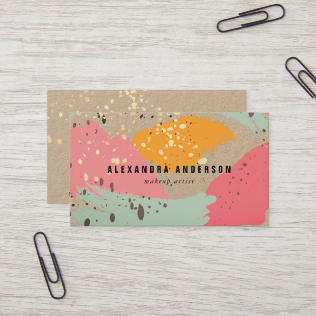 Neon Pink Brush Strokes Kraft Paper Business Card (Front/Back In Situ)