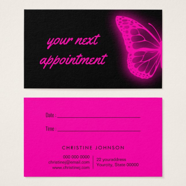 neon pink butterfly appointment card (Front & Back)