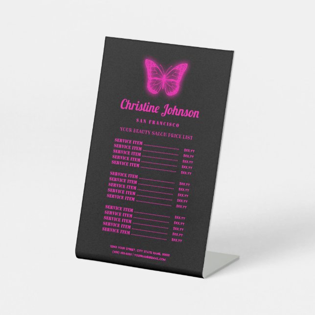 neon pink butterfly logo price list pedestal sign (Front)