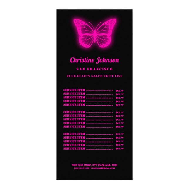 neon pink butterfly logo price list rack card (Front)