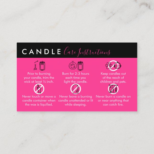 Neon Pink Candle Care Instructions Business Card (Back)