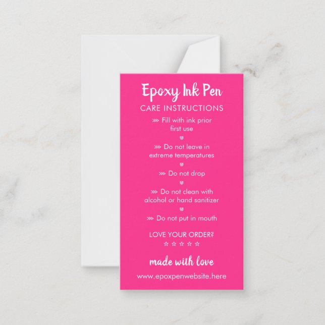 Neon Pink Care Instructions for Epoxy Pen Card (Front)