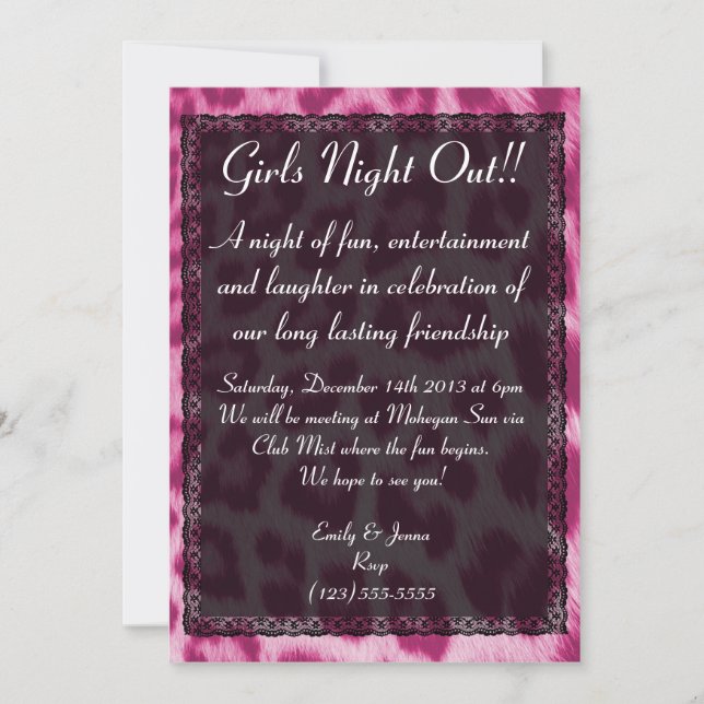 Neon Pink Cheetah Lace Girls Night Out Invitation (Front)
