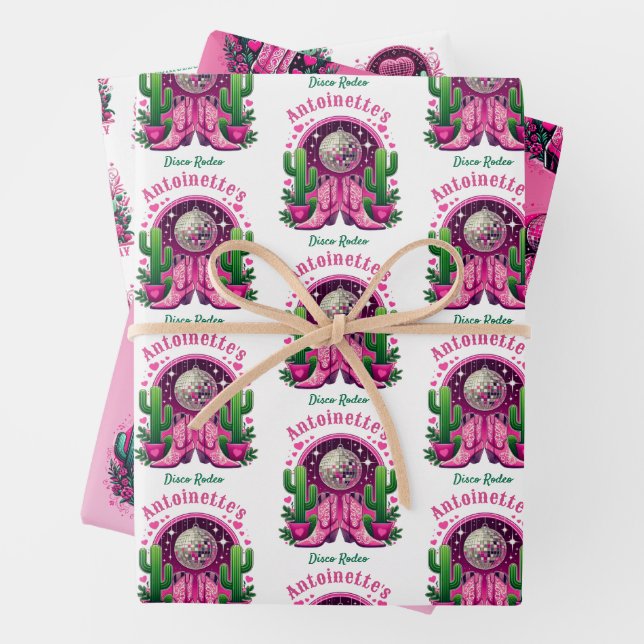 Neon Pink Cowgirl Boots & Disco Ball Bachelorette Wrapping Paper Sheet (In situ)