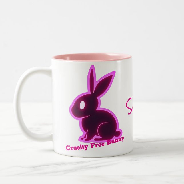 Neon Pink Cruelty-Free Bunny Editable Text Two-Tone Coffee Mug (Left)