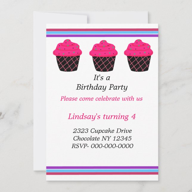 Neon Pink Cupcakes Birthday Party Invitation (Front)