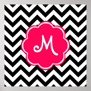 Neon Pink Custom Monogram with Chevron Pattern Poster